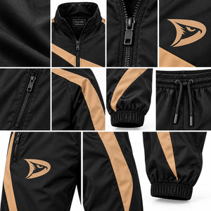 Ensemble de survêtement coupe diagonale pour homme, coupe unie, col montant, fermeture éclair intégrale, coupe-vent, coloris noir onyx et beige sable, idéal pour l'été - Product Image 5