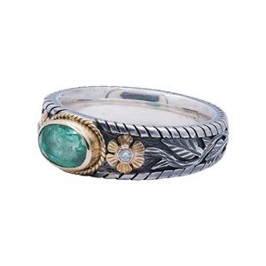Bague Vintage Florale en Argent 925 Oxydé et Or 18K avec Émeraude Naturelle Ovale et Diamant Sertis, Collection Memoria Jewels (Vente en Gros) - Product Image 2