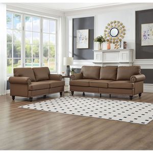 Sofá de cuero con clavos de diseño clásico moderno de 2 + 3 plazas, sofá de cuero marrón con tapicería de imitación de piel de vaca para sala de estar - Product Image 2