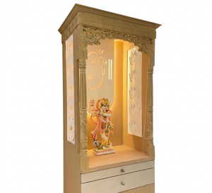 หิ้งบูชาไม้เนื้อแข็งทันสมัยพร้อมไฟ LED ประดับลายออมและพระกฤษณะ |   หิ้งบูชาขนาดใหญ่สำหรับบ้าน ดีไซน์สวยงาม พร้อมลิ้นชักเก็บของและตู้เก็บของ - Product Image 4