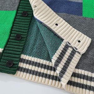 Cárdigan de Punto con Patrón Geométrico, Manga Larga, Cierre de Botón, Suéter Otoñal, Diseño de Bloques de Color Verde, Gris y Azul - Product Image 2