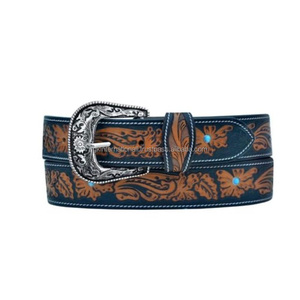 Cinturón de cuero repujado estilo western, acabado a mano, para hombre y mujer, con hebilla de latón con grabado floral. - Product Image 4