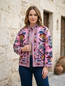 Pink Wool Floral <b>Embroidered</b> <b>Jacket</b> <b>Women</b> Mandarin Collar Winter Coat <b>Women</b> Long Sleeve <b>Jacket</b> <b>Women</b> Fashion <b>Jacket</b> Pink Wool - Product Image 3