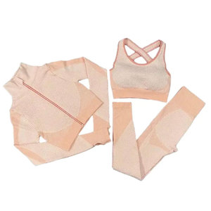Pink 3 Piece Yoga Set Crisscross Strap Sports Bra Full Length Leggings Seamless <b>Mesh</b> Activewear High Waist Spandex Polyester - Product Image 1