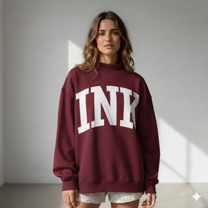 เสื้อสเวตเชิ้ตคอกลมโอเวอร์ไซส์สำหรับผู้หญิง ยี่ห้อ INK สีชมพู พิมพ์ลายตัวอักษร ผ้าถักจากใยฝ้ายและใยไผ่ ระบายอากาศได้ดี สไตล์ลำลองสำหรับฤดูใบไม้ร่วง - Product Image 2