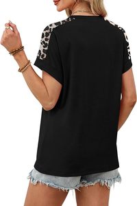 Camiseta de Manga Corta con Estampado de Leopardo Negro para Mujer, Cuello Redondo, Corte Holgado, Estilo Casual, Primavera Verano, Top de Jersey de Algodón - Product Image 4