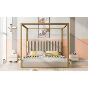 <b>King</b> Size Beige Upholstered Canopy <b>Platform</b> <b>Bed</b> with Headboard and Metal Frame - Product Image 5