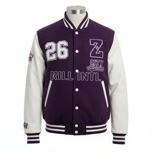 <b>Men's</b> <b>Purple</b> White Varsity Jacket Embroidered Number 26 Z City Athletes Preppy Style Autumn Wear - Product Image 1