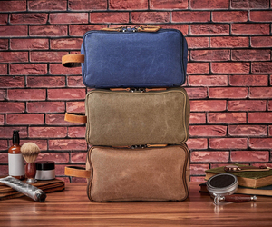 Custom Logo Double Zipper Canvas Leather Toiletry Bag Vintage Travel Wash Pouch Wholesale Shaving Dopp Kit <b>Case</b> LCTB-0019 - Product Image 6
