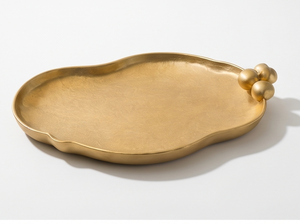 Plateau de service de luxe en métal doré, forme galet, brossé, avec accents perlés, pour centre de table de café ou décoration événementielle - Product Image 3