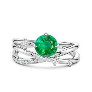 Designer 14K Solid Gold 6.5mm 1.22CT Round Cut Natural Emerald Gemstone & Diamond Crossover <b>Statement</b> <b>Ring</b> for Weddings Parties - Product Image 1