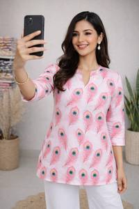 <b>Women</b> Pink Peacock Print <b>Kurta</b> Set with White Palazzo 3/4 Sleeve Loose Fit Casual Indian Outfit - Product Image 3