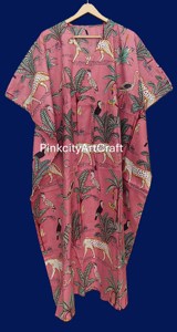 Pure Cotton Pink Tropical Animal Print <b>Kaftan</b> Dress Bohemian <b>Summer</b> Resort Wear Lounge Maxi for Women - Product Image 5