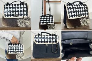 Sac bandoulière en cuir de vachette fait main, motif à carreaux, sac à main en cuir de vachette à poils, avec bandoulière chaîne, élégant et durable - Product Image 3