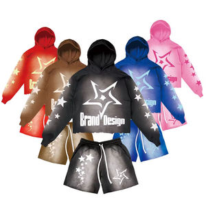 Ensemble de survêtement unisexe personnalisé avec sweat à capuche court et short imprimé étoiles, en molleton 100% coton, vente en gros, fabricant OEM - Product Image 4