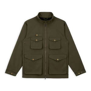 Veste Safari Homme Vert Olive Col Montant Fermeture Éclair Style Vêtement de Travail Automne Coupe Droite Tissu Toile - Product Image 1
