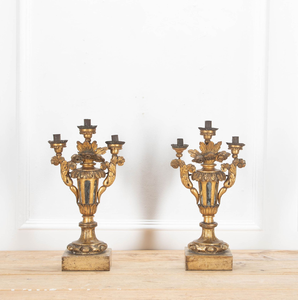 Pair of stunning antique Italian-style gold 3-arm <b>candelabras</b> crafted in decorative urn shape with inset mirror panels Available - Product Image 1