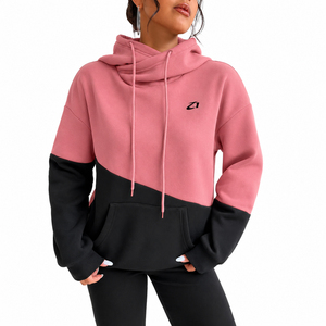 Wholesale Women's Pink Black Color <b>Block</b> Crossover Neck Hoodies Heavy Cotton Fleece Relaxed Fit Pullover Custom Logo Supplier - Product Image 1