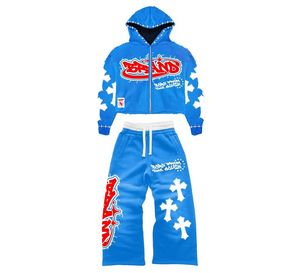Black Distressed Hoodie And <b>Sweatpants</b> <b>Set</b> With Cross Print And Red Logo Streetwear Tracksuit For Adults Unisex Zipper Front - Product Image 4