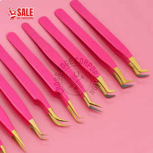Glitter Hot pink Fiber Gold Tip Japanese Steel Eyelash Extension Tweezer Lash Tweezers Thin Straight Volume 45 90 Degree Boot - Product Image 1
