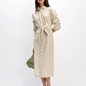 Robe trapèze en coton tricoté uni faite à la main pour femme, coupe classique, manches longues, ceinture à nouer, écologique et respirante - Product Image 4