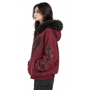 Sudadera con capucha gótica para mujer con cremallera, capucha de piel sintética, estampado de cruz, manga larga, chaqueta de invierno, ajuste regular, de algodón tejido - Product Image 5