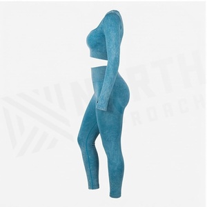 Ensemble de yoga 2 pièces, col carré, longueur intégrale, côtelé, bleu uni, legging taille haute, haut court à manches longues, Spandex Polyester extensible dans les quatre sens - Product Image 6