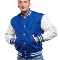 Veste universitaire bleue et blanche pour homme avec fermeture boutonnée, style preppy, coupe classique, en toile, pour l'automne