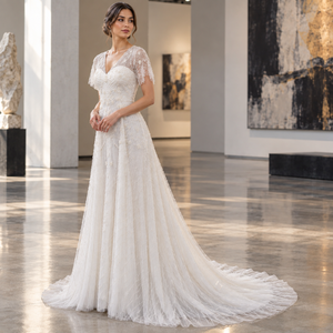 Timeless <b>White</b> <b>Evening</b> <b>Gown</b> V Neck Sweetheart Bodice Sheer Cap Sleeves Floral Embroidery | A-Line Floor Length Chapel Train <b>Gown</b> - Product Image 3