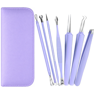 Low MOQ 7-Piece <b>Blackhead</b> Remover <b>Tool</b> Kit Purple Stainless Steel Acne Extraction Comedone <b>Extractor</b> Set with Leather Case OEM - Product Image 1