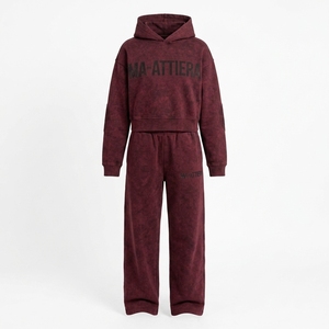Custom Womens Acid Wash <b>Burgundy</b> Cropped Hoodie Wide Leg Sweatpants Set Cotton Fleece Streetwear Tracksuit OEM Wholesale - Product Image 3