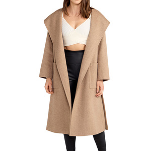 Manteau long en laine mélangée pour femme, col châle, devant ouvert, couleur unie, élégant, mode hiver - Product Image 1