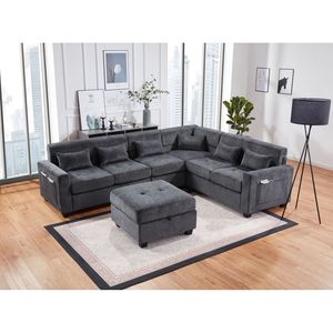 Divano Sezionale Trey 115"W in Ciniglia Grigia con Schienale Regolabile, Porte di Ricarica, Pouf Contenitore Trapuntato e Cuscino Decorativo per Soggiorno - Product Image 6