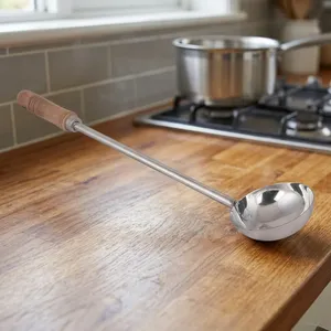Cucharón de Acero Inoxidable con Mango Largo de Madera |   Cuchara Profunda para Servir Sopa, Gravy, Curry, Leche, Utensilio de Cocina - Product Image 3