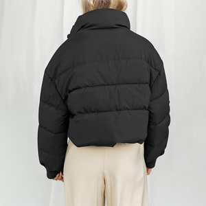 Veste matelassée courte unisexe noire coupe-vent avec fermeture éclair, col montant, manteau d'hiver décontracté en polyester épais - Product Image 2