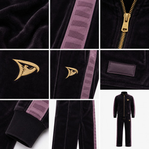 Ensemble de survêtement Dravelle Industry en velours noir polyester/coton 2 en 1 avec rayures violettes, fermeture éclair sur le devant, unisexe, décontracté, pour l'hiver - Product Image 6