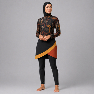 High Quality Designer 3-Piece Muslim <b>Burkini</b> Set Women Modest Luxury Fall Leaf Print <b>Swimwear</b> Full Coverage Islamic Swim Suit - Product Image 2