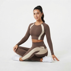 Women <b>Long</b> Sleeve Crop <b>Top</b> High Waist Color Block <b>Leggings</b> Two Piece Fitness Activewear Set - Product Image 3