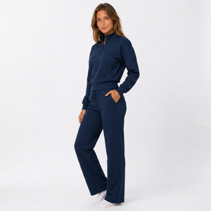 Ensemble de survêtement personnalisé pour femme de haute qualité, veste zippée à col montant et pantalon long, 100 % coton, tenue deux pièces unie, faible MOQ - Product Image 5