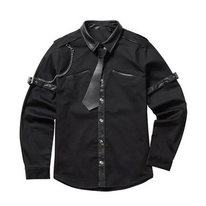 Customized <b>Men's</b> Button-Up Gothic-Punk Shirt with Detachable Leather Tie Patchwork Streetwear Top Sell - Product Image 1