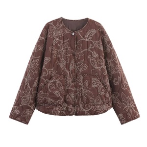 Veste matelassée florale marron pour homme et femme, manches longues, style automne, broderie à la main - Product Image 1