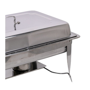 Plat à réchaud rectangulaire en métal argenté avec un cadre métallique robuste et des supports à double combustible, idéal pour les grands buffets et la restauration. - Product Image 2