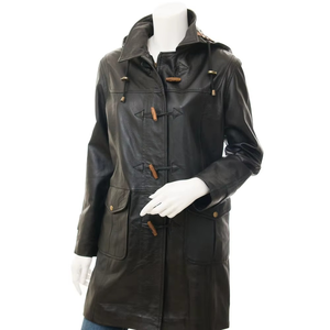 Women's Genuine <b>Leather</b> Breathable Hooded Trench Coat Horn Buttons Full Sleeve Long Utility Style Autumn Wear Waterproof Cotton - Product Image 1