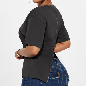 Women's Solid Jersey Slim Running Gray Yoga Top <b>Back</b> Zipper Casual Short Sleeve Fitness <b>T</b>-Shirt Skin-Friendly Long Tail Women <b>T</b> - Product Image 2