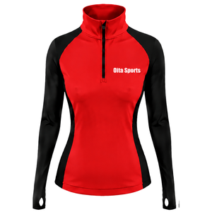 Women Quarter Zip Athletic <b>Top</b> <b>Red</b> <b>Long</b> <b>Sleeve</b> Fitted Sports Training Shirt High Collar Thumbhole Performance Activewear - Product Image 1