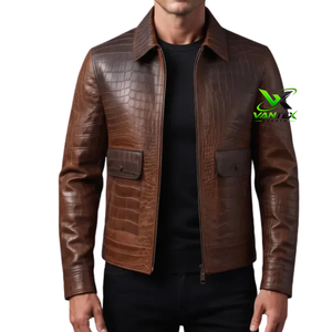 Blouson en cuir marron pour homme, effet croco, col rabattu, fermeture éclair, poches avant, style décontracté - Product Image 1