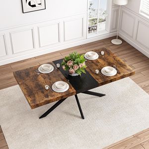 Tavolo da Pranzo Antico con Piano in Legno, Rettangolare, con Rilievo Nero, Allungabile da 55.11 a 70.86 Pollici, Base in Ferro a Croce con Finitura Sabbia Fine, Nero - Product Image 1