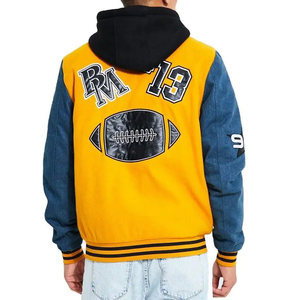 Blouson universitaire pour homme, personnalisé avec logo brodé, corps en laine, manches en cuir, col montant, veste longue chaude avec revêtement - Product Image 2
