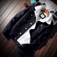 Blouson d'hiver pour homme XL, style bomber, en jean chaud avec boutons décoratifs, noir et bleu, doublure polaire plus épaisse, style décontracté, teinture unie