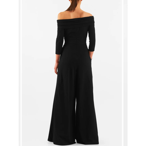 Mono de noche con hombros descubiertos y pierna ancha, estilo Bardot con dobladillo, tipo Palazzo, con cuello drapeado, color negro - Product Image 4